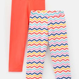 Pine Kids Knit Three Fourth Leggings Biowash With Striped Print and Solid Pack of 2 - Coral & White-picture-5