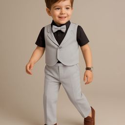 Babyhug Half Sleeves T-Shirt & Pant Set with Bow Applique & Waistcoat Detailing Solid Colour - Black & Grey-image-83