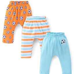 Babyhug Cotton Knit Diaper Pant Stripes & Soccer Ball Print Pack of 3 - Orange & Blue-image-58