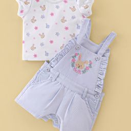 ToffyHouse Cotton Knit Bunny Embroidered Dungaree with Half Sleeves Inner Tee Floral Print - Light Blue-image-72