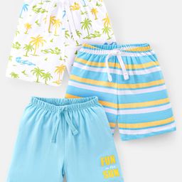 Babyhug Cotton Single Jersey Shorts With Tropical & Text Print Pack Of 3 - White & Blue-image-39