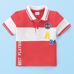 Babyhug 100% Cotton Knit Half Sleeves Polo T-Shirt with With Rugby Embroidery - Red & White-image-58