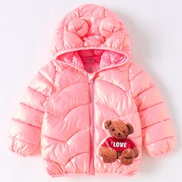 Kookie Kids Full Sleeves Padded Hooded Jacket with Teddy Bear Print - Pink-image-46
