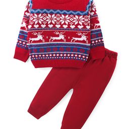 Babyhug Knitted Full Sleeves Sweater Set with Christmas Design - Red-image-67