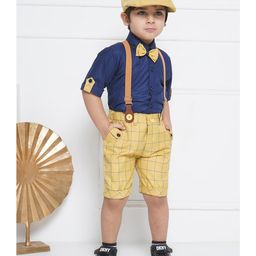 AJ Dezines Cotton Half Sleeves Solid  Shirt With Checked Shorts Bow Cap &  Suspender Set -  Mustard-image-68