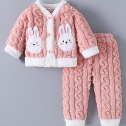 Kookie Kids Full Sleeves Winter Wear Night Suit with Bunny Aplique - Pink-image-83