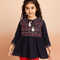 ISHTI Rayon Three Fourth Sleeves Abstract Embroidered Top - Navy Blue-image-22