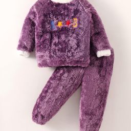 Kookie Kids Fur Woven Full Raglan Sleeves Night Suit Set with Star & Text Patch - Purple-image-74