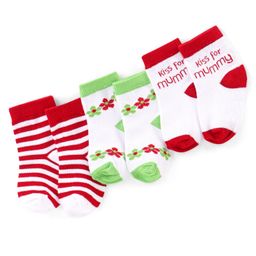 Doodle Poodle Cotton Knit Ankle Length Striped Floral & Text Designed SocksPack of 3 - Red & White-image-77