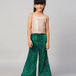 Lil Drama Sleeveless Sequin Embellished Top & Stars Foil Printed Pant Set -  Green & Gold-image-80