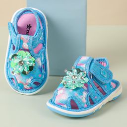 Cute Walk by Babyhug Velcro Closure Musical Sandal with Stone Floral Applique - Blue-image-85