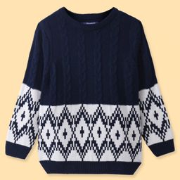 Pine Kids Knitted Full Sleeves Pullover With Abstract Design - Navy Blue & White-image-31