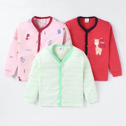 Mini Donuts Interlock Knit Full Sleeves Front Open Vests with Animal Print Pack of 3 - Red Pink & Green-image-55