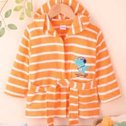 Babyhug Cotton Knit Full Sleeves Striped Hooded  Bathrobe with Dino Embroidery - Orange-image-24