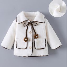 Kookie Kids Full Sleeves Winter Wear Collared Fur Jacket with Floral Draw Coard & Pockets - White-image-84