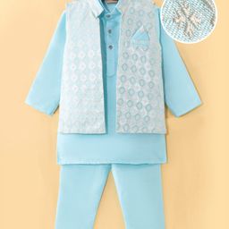 Ridokidz Full Sleeves Solid Kurta Pyjama With Floral Embroidered Jacket - Sky Blue-image-57