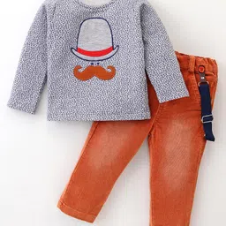 Wonderchild Full Sleeves Hat Embroidered & Patch Detailed Tee With Pant & Suspender Set - Grey & Rust Orange-image-39