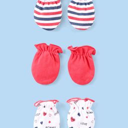 Babyhug Interlock Knit Striped & Solid Mittens Pack of 3 - Pink & White-picture-29