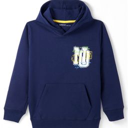 Doreme Terry Knitted Full Sleeves Pullover Hooded Sweatshirt With Text Print & Kangaroo Pockets - Navy Blue-image-92