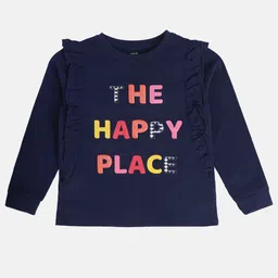 MINI KLUB Cotton Full Sleeves The Happy Place Text Patch Embroidered Frill Detailed Top - Navy Blue-picture-48