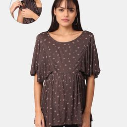 The Mom Store Cotton Half Sleeves Floral Printed Maternity Top With Nursing Access - Brown-picture-2