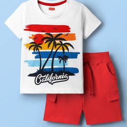 Babyhug Single Jersey Knit Half Sleeves T-Shirt & Shorts With Beach Theme Print - Red & White-image-21