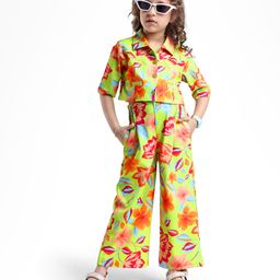 Ollington St. Knit Co-Ord Set Of Half Sleeve Top & Culottes Floral Print- Green-picture-25