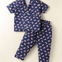 Smarty Boys Sinker Knit Half Sleeves Front Open Co-ords Night Suit With Pop Corn Print - Navy Blue-picture-27