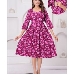 CeleBravo Rayon Three Fourth Sleeves Floral Printed Maternity Dress With Nursing Access - Purple-image-17