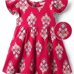 EARTHY TOUCH Single Jersey Knit Flutter Sleeves Ethnic Dress With Floral Print - Red-image-99