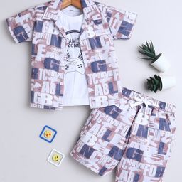 Ministitch Cotton Half Sleeves Typography Printed Shirt & Coordinating Shorts With Tee Set - Beige-image-74