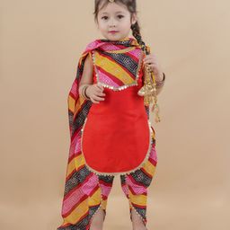 Titrit Cotton Woven Sleeveless Bandhani Designed Gota Lace Embellished Kurta Dhoti With Dupatta Set - Red-image-100