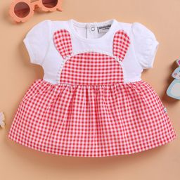 Wonderchild Half Puffed Sleeves Checked & Lace Embellished Dress - White & Red-image-89