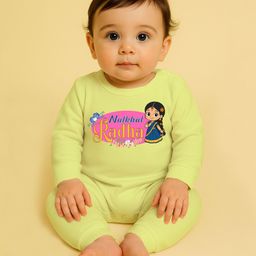 The Peppy Tend 100% Cotton Knit Janmasthami Theme Full Sleeves Natkhat Radha Text Printed Romper - Yellow-image-43