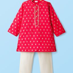 Babyhug Brocade Woven Full Sleeves Kurta Pajama Set with Floral Motif Print - Red-picture-25