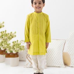 Tiber Taber Cotton Lurex Woven Full Sleeves Foil Striped Kurta Pyjama Set - Green-image-20