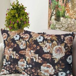 Blue Grass Coffee Brown & White 2 Pieces Floral Velvet Square Cushion Covers-image-42