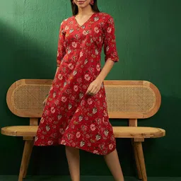 InWeave Women Floral Printed V-Neck A-Line Knee Length Dress-picture-46