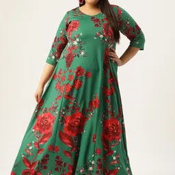 Amydus Women Plus Size Green & Red Floral Maxi Dress-picture-24