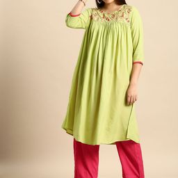 Anouk Women Lime Green Ethnic Motifs Embroidered Empire Thread Work Kurta with Trousers-image-1