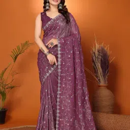 FABMORA Wine Tissue Embellished Saree With Unstitched Blouse-picture-33