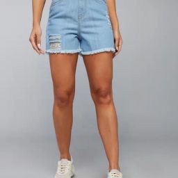 DOLCE CRUDO Light Blue Denim Distressed Mid Rise Shorts-image-58