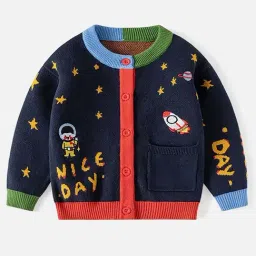Little Surprise Box Kids Navy Printed Full Sleeves Cardigan-image-26