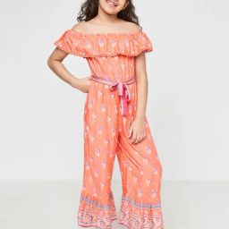 Global Desi Girl Kids Orange Floral Print Jumpsuit-image-22
