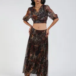 Label Ritu Kumar Black Printed Crop Top With Skirt-image-90