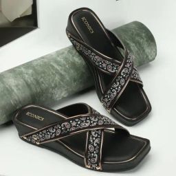 Iconics Women's Black Cross Strap Wedges-23