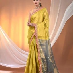 CHARUKRITI Lemon Yellow & Blue Blended Embellished Saree With Unstitched Blouse-picture-15