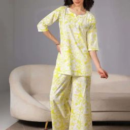 Libas White & Yellow Cotton Printed Kurti & Pyjama Set-image-34