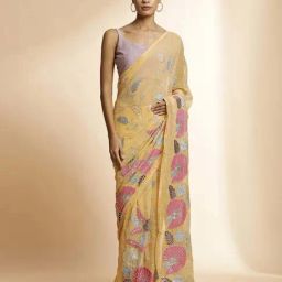 Jaipur Kurti Yellow Embroidered Saree With Unstitched Blouse-picture-13