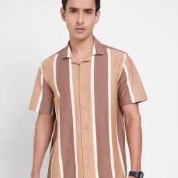People By Pantaloons Brown Cotton Slim Fit Striped Shirt-picture-19